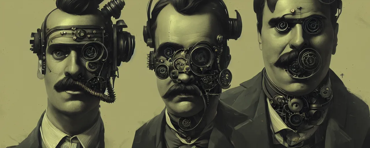 Image similar to duotone dark concept illustration 3 / 4 portrait of friedrich nietzsche as retro steampunk cyborg. cinematic ghastly lighting. golden ratio accidental renaissance. by sachin teng and sergey kolesov and ruan jia and heng z. graffiti art, scifi, fantasy, hyper detailed. octane render. concept art. trending on artstation