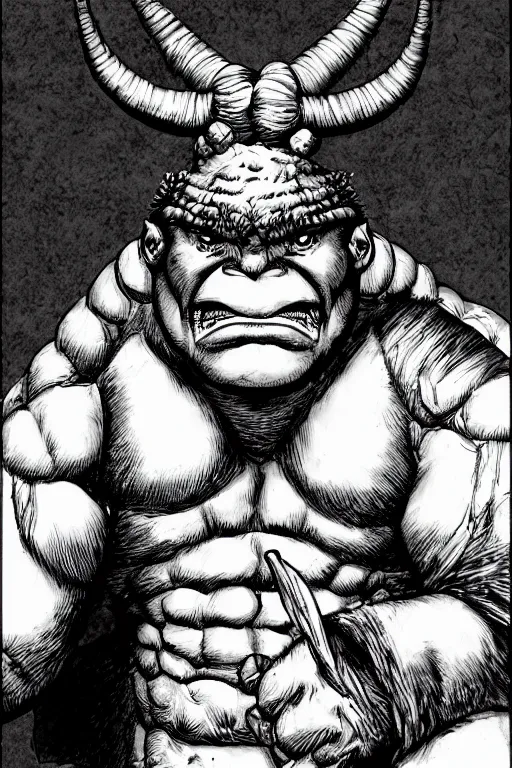 Image similar to hunched ogre with a horn on his head, highly detailed, digital art, sharp focus, trending on art station, kentaro miura manga art style