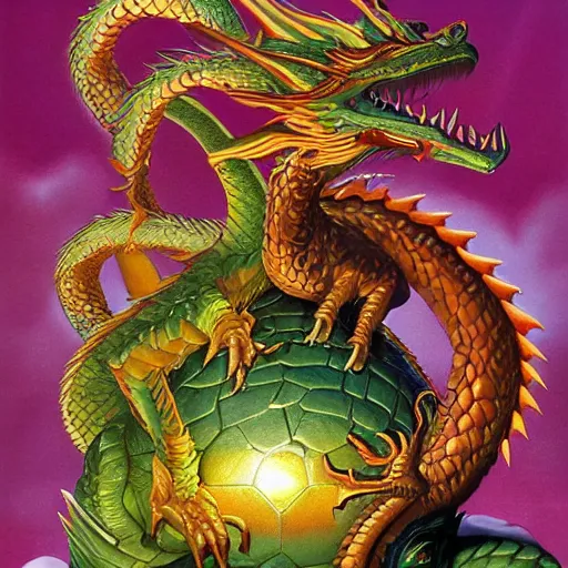 Prompt: dragon guarding treasure by greg hildebrandt