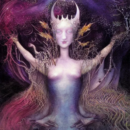 Prompt: queen of the dreamlands, misty night, beautiful! coherent! by brian froud, deep colors, strong lines, high contrast