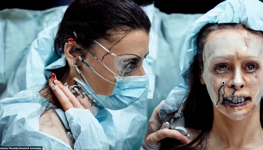 Prompt: big budget horror movie about cyborgs performing illegal organ transplants, while one beautiful female scientist watches in horror from the side