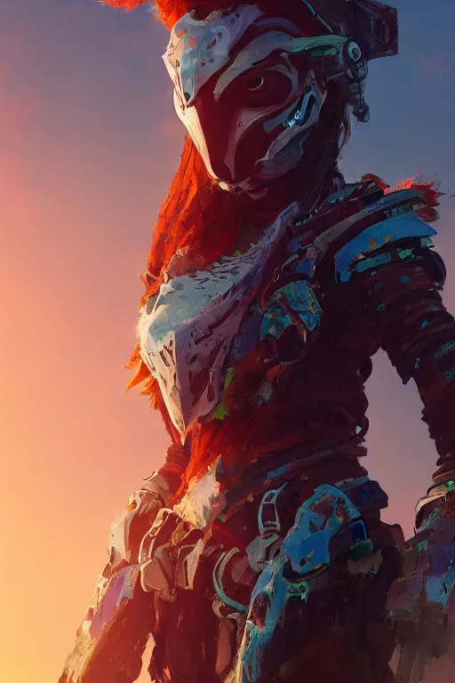 Image similar to combination suit armor aloy horizon forbidden west horizon zero dawn radiating a glowing aura global illumination ray tracing hdr fanart arstation by ian pesty and alena aenami artworks in 4 k tribal robot ninja mask helmet backpack