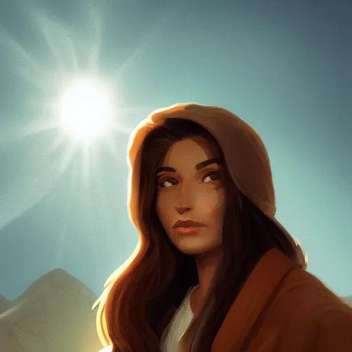 Prompt: Close-up portrait of an mexican woman in his 30s, light brown hair blue eyes, 4k, rays of light, particles light, artstation, landscape by Noah Bradley, pixel art