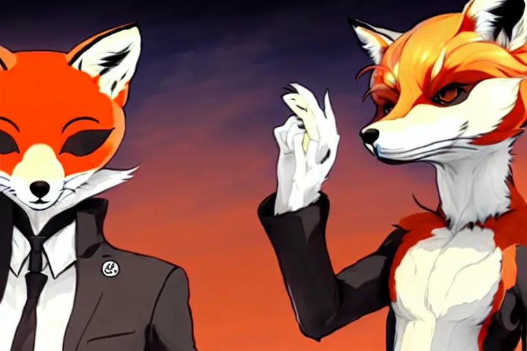 Image similar to a furry tan male fox on a persona 5 : royal ( by atlus ) video game splash screen, a furry male sandy sand - colored beige tan fur fox fursona ( has light brown hair ), persona 5 phantom thief style