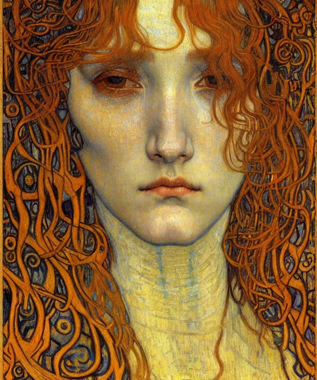 Image similar to detailed realistic beautiful young medieval queen face portrait by jean delville, gustav klimt and vincent van gogh, art nouveau, symbolist, visionary, gothic, pre - raphaelite, muted earthy colors, desaturated