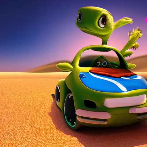 Image similar to turtle driving a car in the desert, highly detailed, realistic