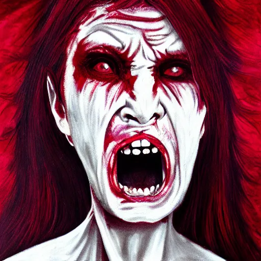 Image similar to extrem mad girl with total anger screams into the void to release her anger, high detail painting in dark red colors