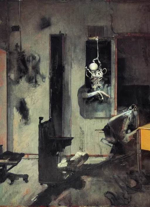 Prompt: two dark figures laughing inside a decayed Romanian motel room with large surgical machine in the middle, in the style of Adrian ghenie, and Francis bacon, part by Gerhard Richter, part Edward Hopper and part Norman Rockwell, highly detailed, very coherent, rich colours