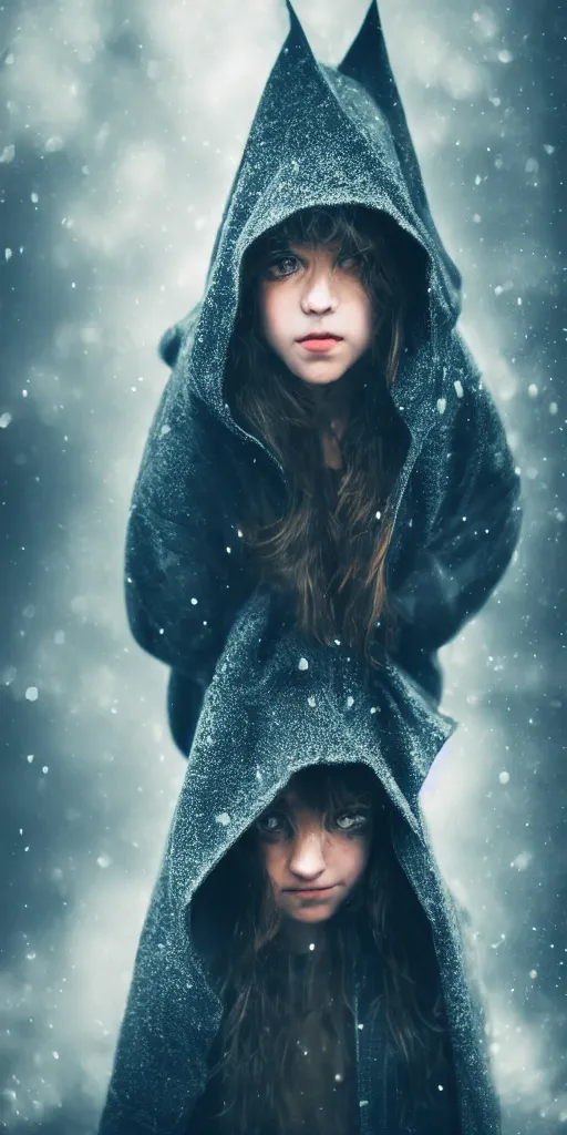 Image similar to portrait of a mysterious wizard with a Hood, bright eyes, fantasy, photorealistic, bokeh, magic lights, cinematic