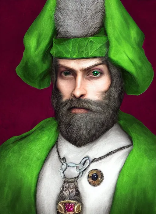 Image similar to a bearded gray humanoid rat with jewelry, green eyes, tricorne hat, green robe, D&D, digital art, realistic, trending on artstation, 4k