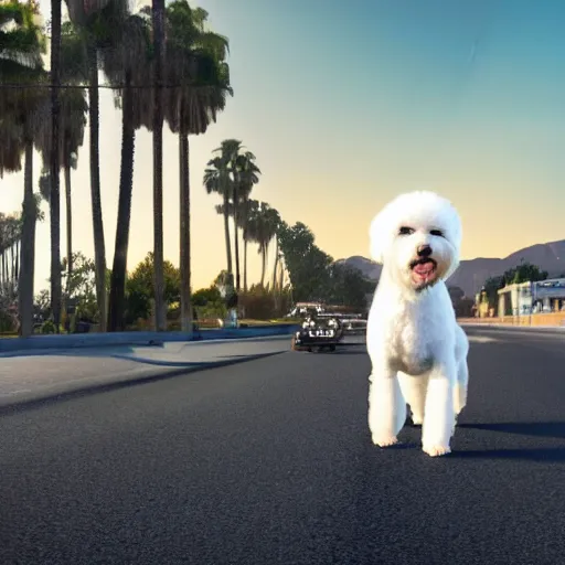 Image similar to a photorealistic image of a smiling white bichon frise puppy dog riding a black motorcycle in Hollywood at sundown. Palm trees in the background. Paws on handlebars. This 4K HD image is Trending on Artstation, featured on Behance, well-rendered, extra crisp, features intricate detail and the style of Unreal Engine.