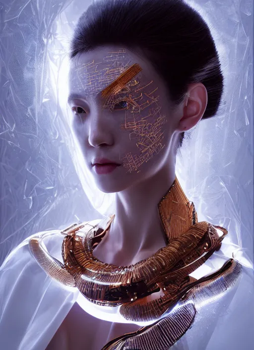 Image similar to portrait of a sensual futuristic geisha cyborg, kintsugi, modern fine art, fractal, glowing calligraphy, intricate ornaments, elegant, highly detailed, digital photography, subsurface scattering, by jheronimus bosch and greg rutkowski,