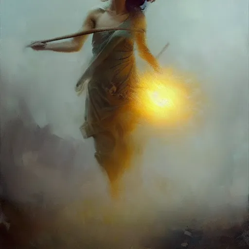 Image similar to painting of a beautiful surreal Harpey clutching a staff of luminous gold, veiled by mist, treading on a cloud, by Jeremy Mann and Jason Jenicke, detailed, stylized, loose brush strokes, intricate, realistic, exaggerated lighting, sense of scale, ferocious, sensual