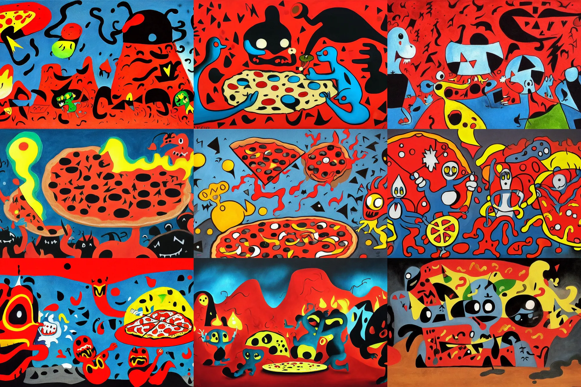 Prompt: masked demons grabbing a large pizza!!!, in the background is a volcano spewing lava and black smoke, streams of glowing hot lava, flashes of lightning in the distance. wide angle, long shot, an ultrafine detailed painting by joan miro, deviantart, pop surrealism