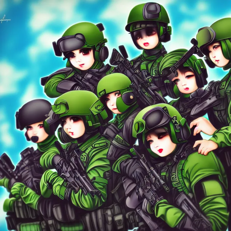 Image similar to kawaii swat team, colorful, fashion, photography, cute, highly detailed, realistic, depth of field