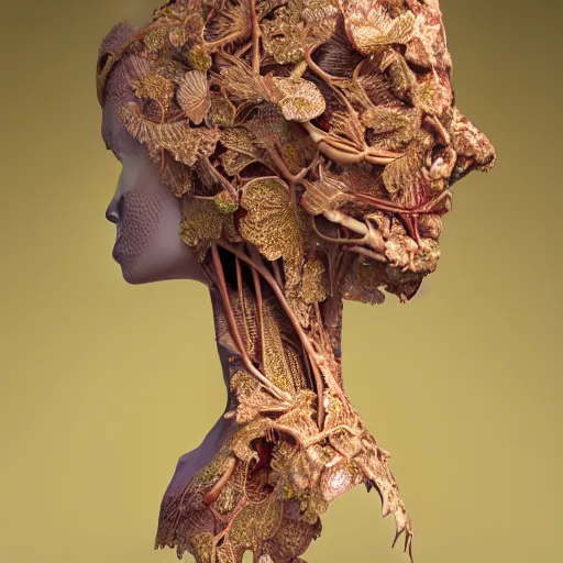 Image similar to beatifull face portrait of a woman, 150 mm, anatomical, flesh, flowers, mandelbrot fractal, facial muscles, veins, arteries, intricate, golden ratio, full frame, microscopic, elegant, highly detailed, ornate, ornament, sculpture, elegant , luxury, beautifully lit, ray trace, unreal, 3d, PBR, in the style of peter Gric , alex grey and Romero Ressendi