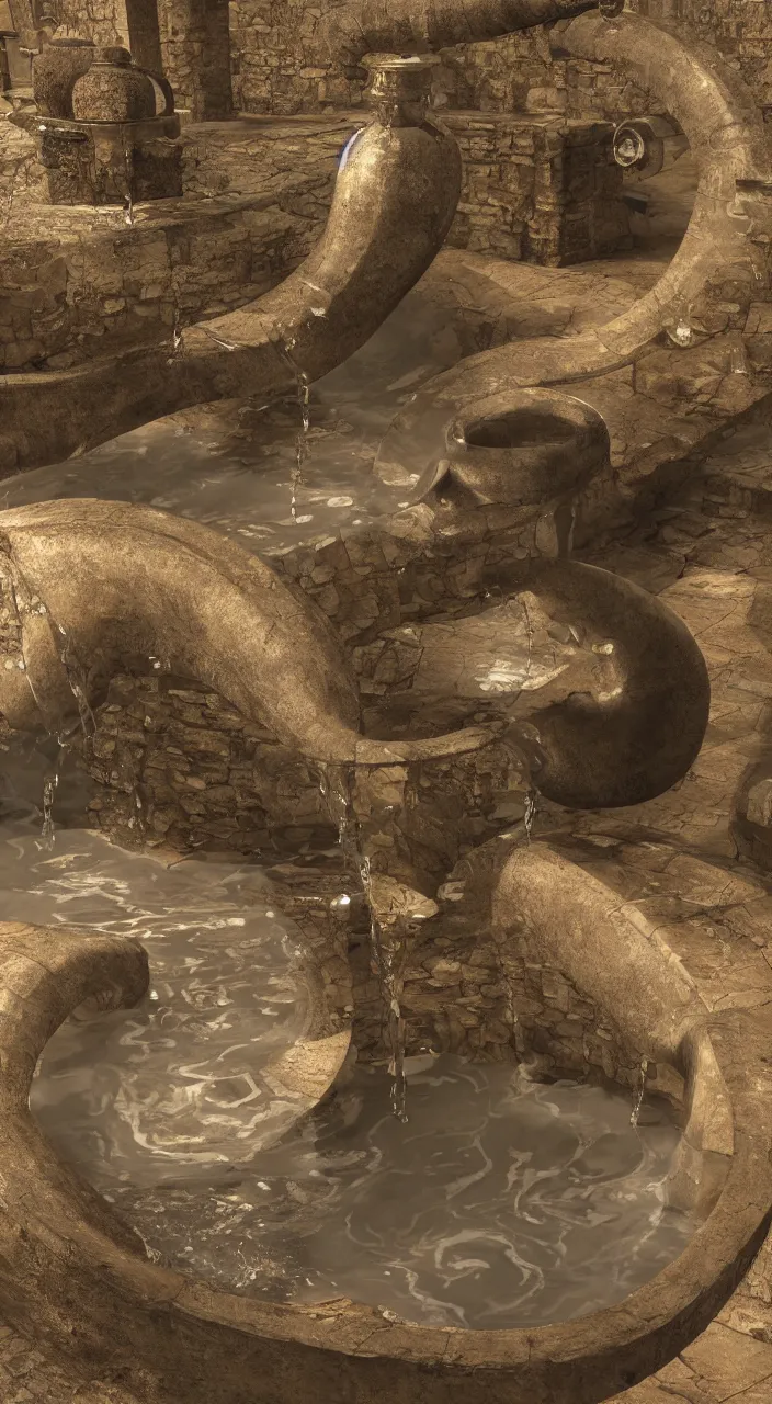 Prompt: a stream of water entering a machine made from organ shaped amphoras and producing a coin in the style of an engineering diagram, unreal engine, 8k