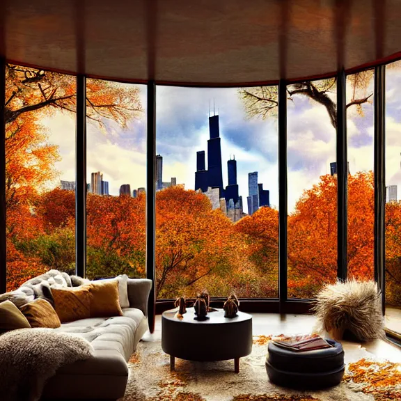 Image similar to fantastical living room with chicago landscape in the window by marc adamus, beautiful dramatic lighting, overgrown with funghi, autumn season, coat rack with coat hanging off, style by peter deligdisch, peterdraws