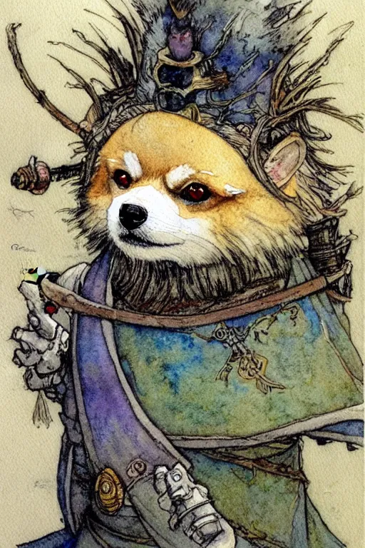 Image similar to a simple and atmospheric watercolour fantasy character concept art portrait of a robotic pomeranian as a druidic warrior wizard looking at the camera with an intelligent gaze, very muted colors, by rebecca guay, michael kaluta, charles vess and jean moebius giraud