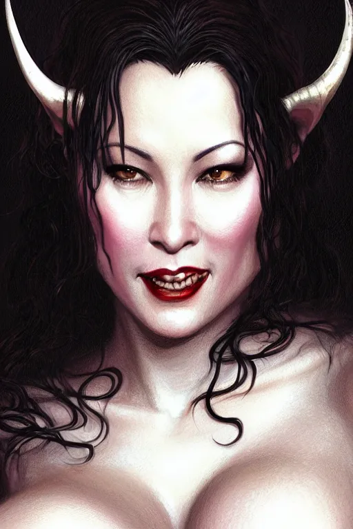 Image similar to 1 9 9 0 s jennifer tilly as a succubus. warm smiling face. flowing black hair. misty atmosphere. misty atmosphere, closeup, d & d, fantasy, intricate, elegant, highly detailed, digital painting, artstation, concept art, matte, sharp focus, illustration, hearthstone, art by artgerm and greg rutkowski and alphonse mucha