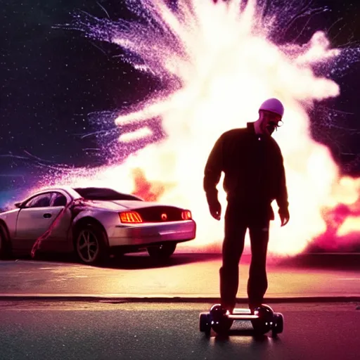 Prompt: photo of walter white on a hoverboard with an exploding car behind him, color, cinematic lighting