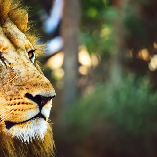 Image similar to photograph of a polaroid of a lion loose at the san diego zoo, tourists in background, bokeh, high definition, slr, golden hour, realistic skin