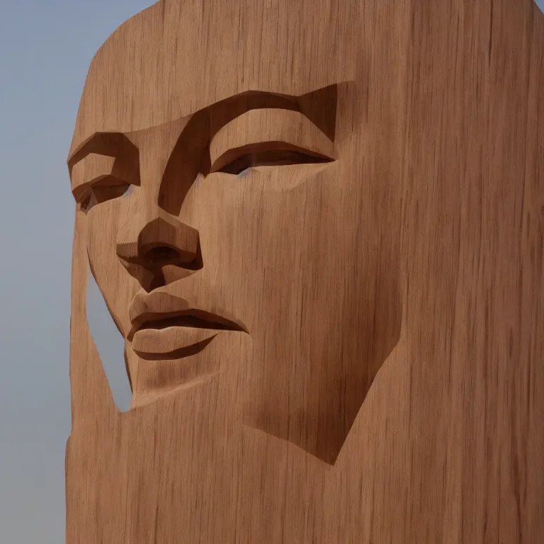 Prompt: 2 0 0 ft geometric minimalist accurate standing figurative sculpture of scarlett johansson, beautiful symmetrical!! face accurate face detailed face realistic proportions, hand - carved out of red oak wood on a pedestal by stephan balkenhol and martin puryear, cinematic lighting shocking detail 8 k