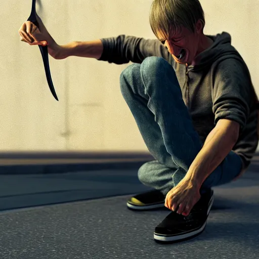 Prompt: tony hawk crying, a giant pair of scissors severs his legs, photograph, hyper realistic, outdoors, midafternoon, 4 k, artstation, unreal engine, cinematic