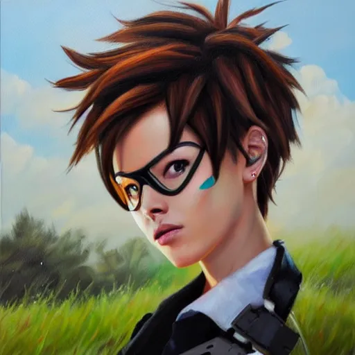 Image similar to oil painting of tracer overwatch in a field, in style of mark arian, expressive face, very detailed face, wearing large detailed black collar, very detailed eyes, full body, feminine face, detailed makeup on eyes,