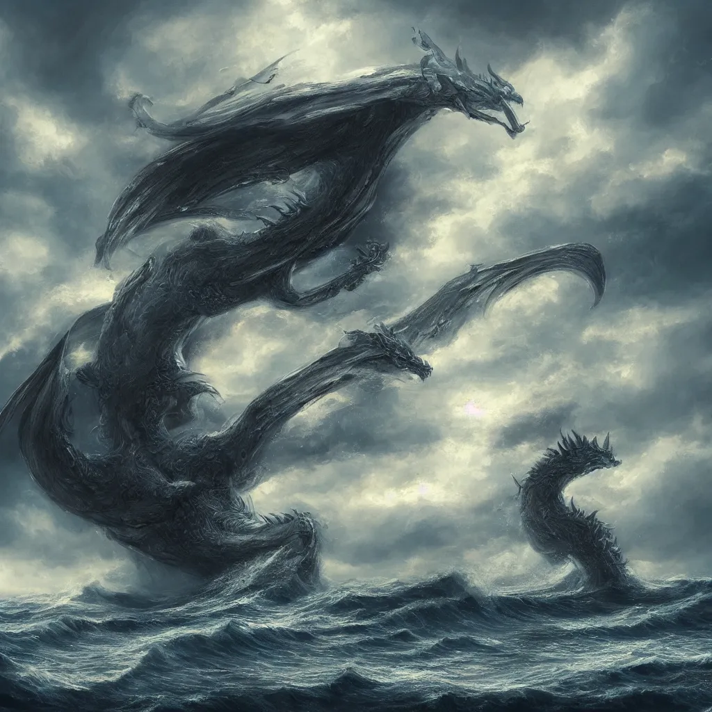 Image similar to a fantasy book style portrait of a giant dragon, stormy sea, giant waves, lightning, small boat, oil painting, 4 k