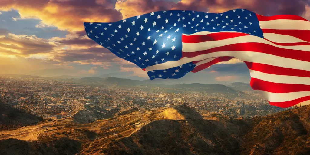 Prompt: let freedom ring from the curvaceous slopes of california american flag. ultrafine highly detailed hyper realistic colorful illustration, unreal engine highly rendered, global illumination, radiant light, intricate and detailed environment