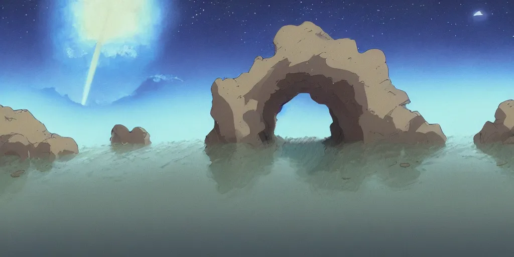 Image similar to a cell - shaded studio ghibli concept art study of an arizona rock arch time portal in the air over a flooded desert on a misty starry night. a waterfall is flowing out of the portal. very dull colors, hd, 4 k, hq