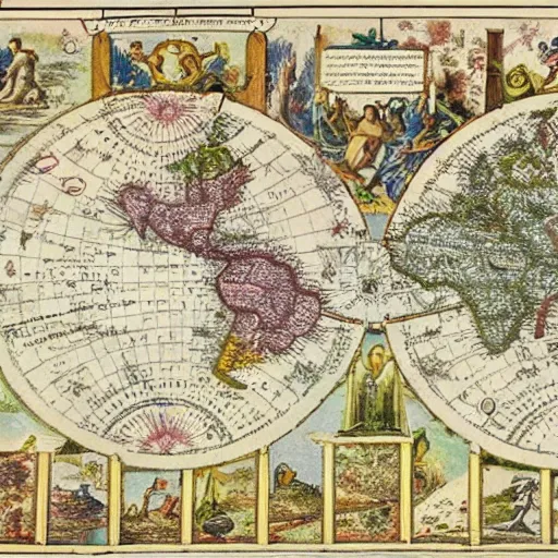 Image similar to the map that shows the way to paradise, ancient lost cartography, illustrated borders and margines