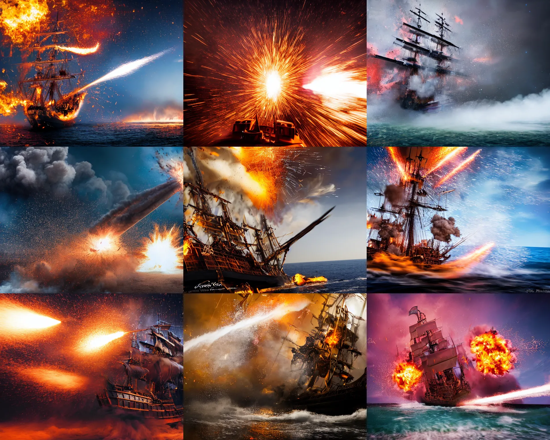 Prompt: action photography of an explosion on a pirate ship, fast shutter speed, high speed, VFX particle simulation, action photo, 1/1000 sec shutter