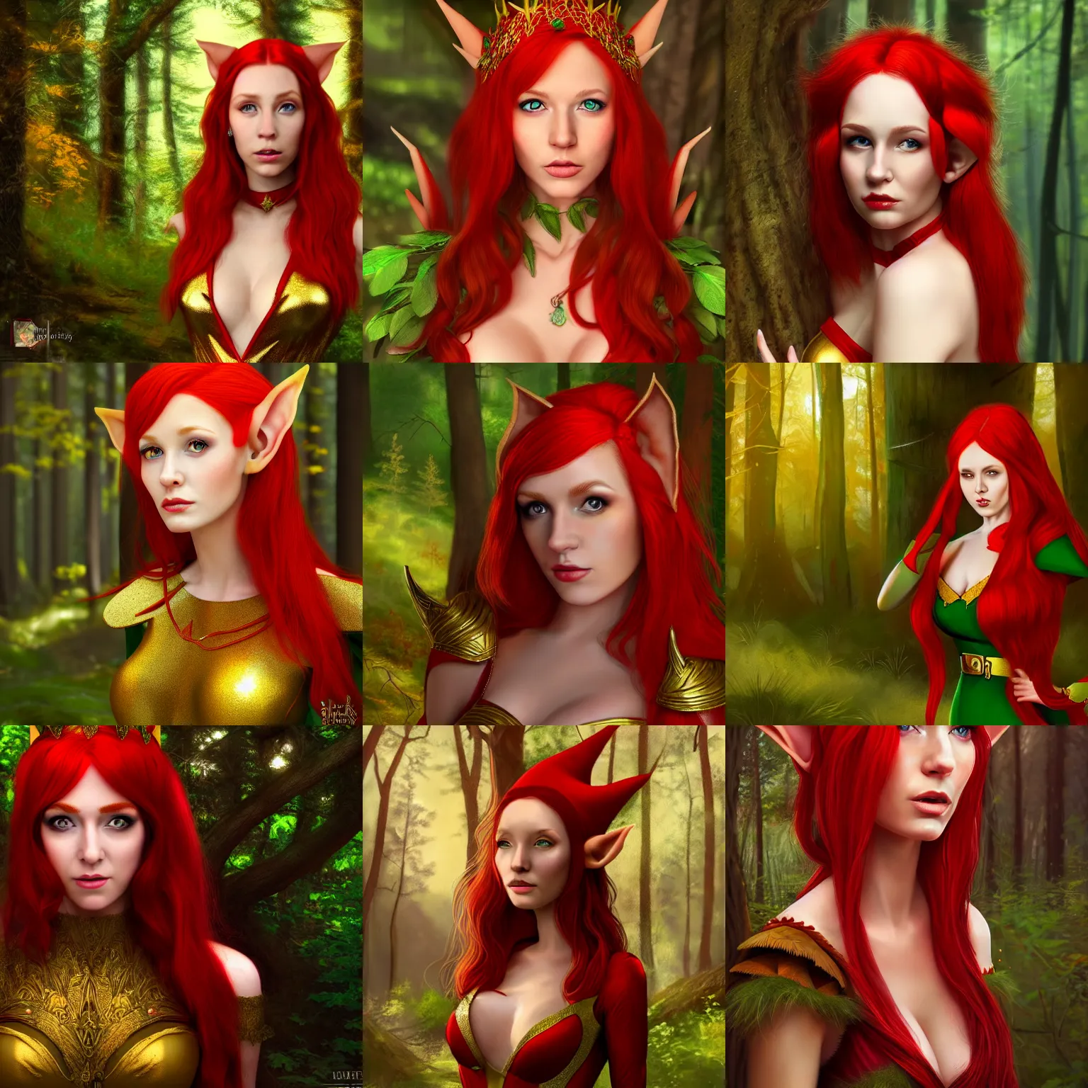 Prompt: Portrait of a red haired beautiful elf queen in red, gold and green dress in the middle of the forest. ArtStation, Fantasy, 8K, Highly Detailed.