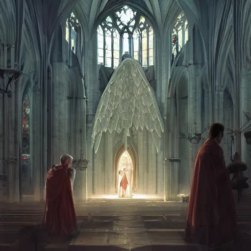 Image similar to angel protecting man who is praying inside a gothic church by Stanley Artgerm Lau, WLOP, Rossdraws, James Jean, Andrei Riabovitchev, Marc Simonetti, Yoshitaka Amano, ArtStation, CGSociety