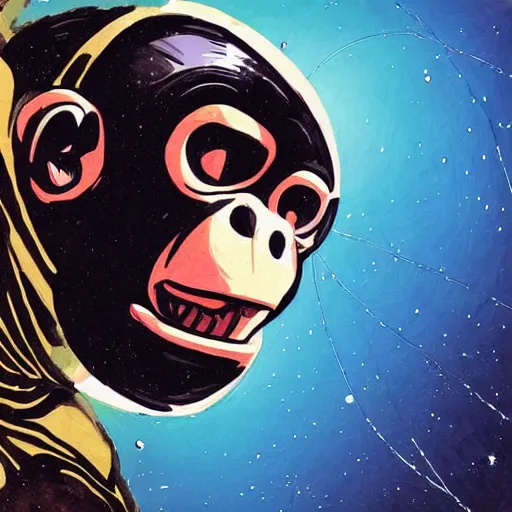 Prompt: “ portrait of a genetically modified chimp in a 1 9 5 0's space suit and leather jacket. he can project a bubble of oxygen that covers his head. he is flying through open space into a portal to another dimension. in the style of frank miller. ”