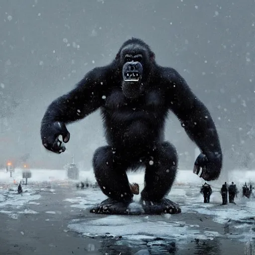 Prompt: angry and aggressive king kong in winter moscow, digital painting, very detailed, art by jakub rozalski