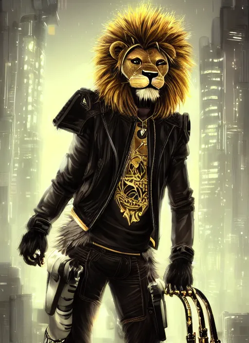 Image similar to award winning beautiful portrait commission of a male furry anthro lion fursona with a tail and a cute beautiful attractive detailed furry face wearing stylish black and gold cyberpunk clothes in a cyberpunk city at night while it rains. Character design by charlie bowater, ross tran, artgerm, and makoto shinkai, detailed, inked, western comic book art