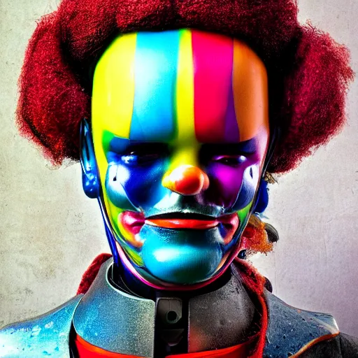 Prompt: a portrait photo of a futuristic sci - fi pirate, rainbow themed, robot pirate, clown