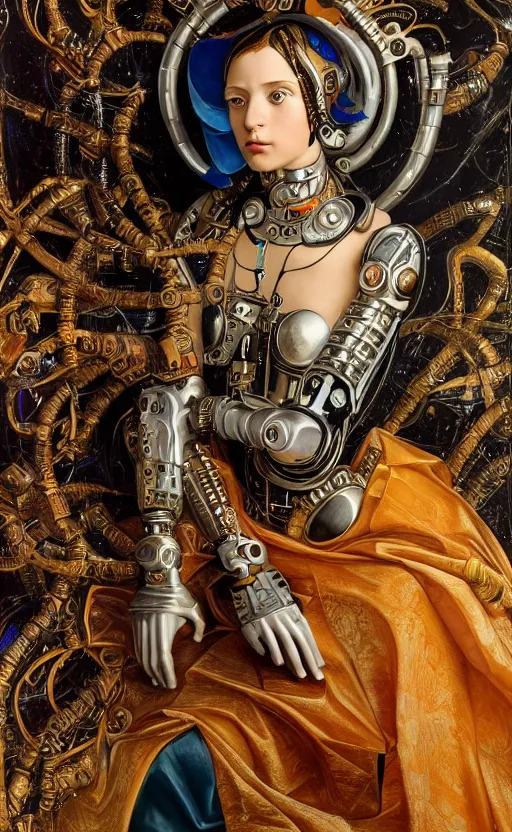 Image similar to beautifully painted mural of a stunning young cyborg muse, piercing glowing eyes, fashion ornate royal armor, striking composition, highly detailed ornate sci fi background, vogue poses, striking composition, vivid details, wires, glowing tubes, beautiful composition, mural in the style of sandro botticelli, caravaggio, albrecth durer, 8k