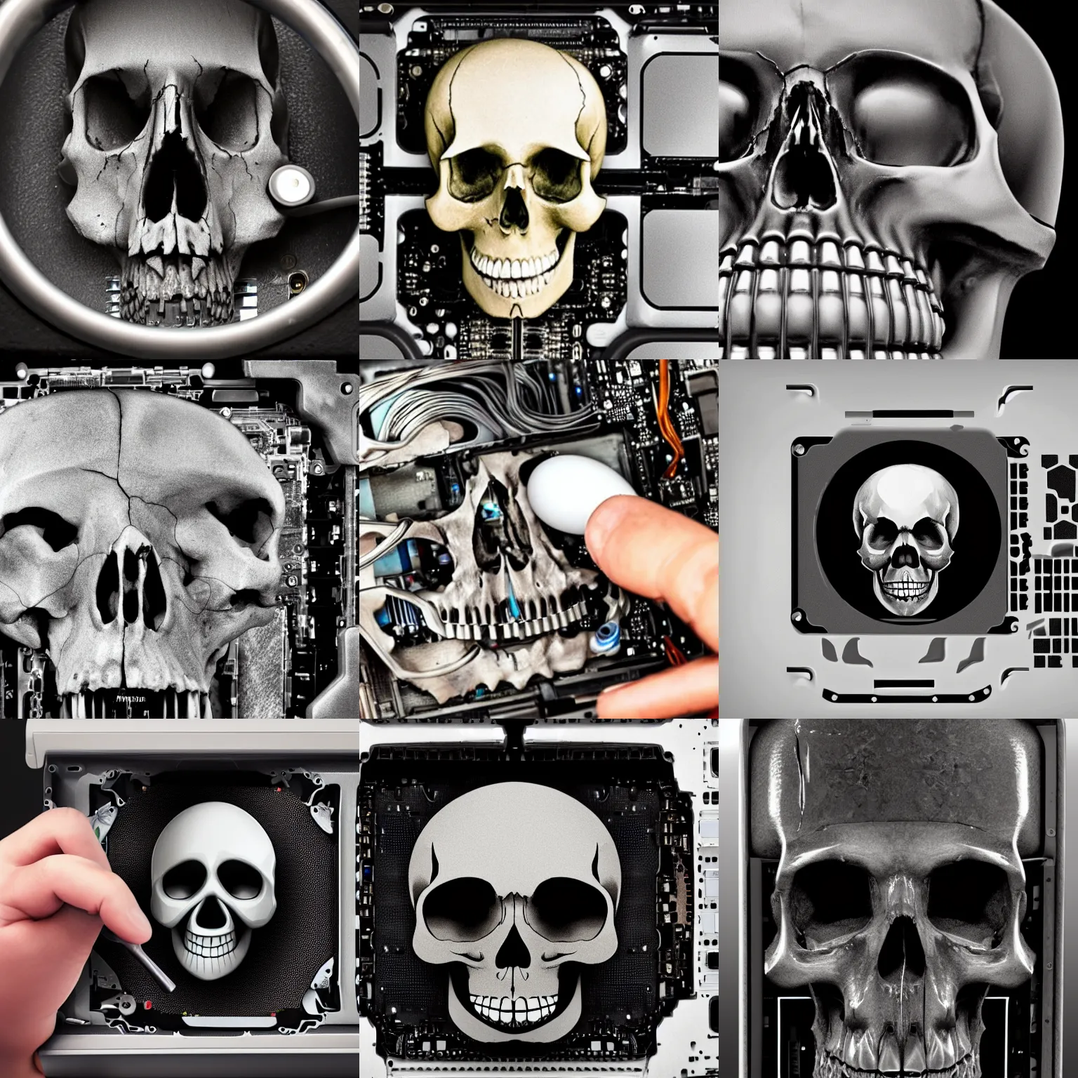 Prompt: skull inside of an old computer, hand on mouse