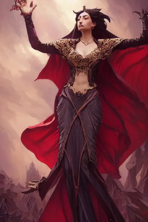 Image similar to beautiful vampire female queen, full body shot, ascending form the sky, hands reaching for her, d & d, fantasy, intricate, elegant, highly detailed, digital painting, artstation, concept art, matte, sharp focus, illustration, hearthstone, art by artgerm and greg rutkowski and alphonse mucha