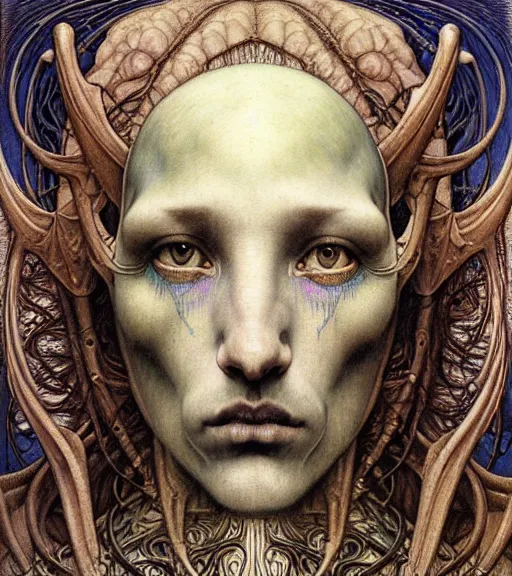 Image similar to detailed realistic beautiful young medieval alien robot grimez face portrait by jean delville, gustave dore and marco mazzoni, art nouveau, symbolist, visionary, gothic, pre - raphaelite. horizontal symmetry by zdzisław beksinski, iris van herpen, raymond swanland and alphonse mucha. highly detailed, hyper - real, beautiful, fractal baroque
