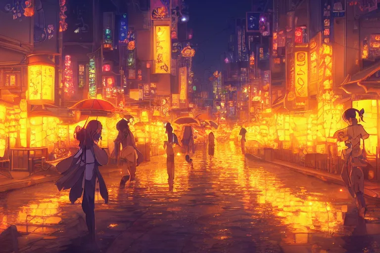 Prompt: fantasy art of glowing goldfish floating down the streets of a japanese town at night, by makoto shinkai, highly detailed digital art, trending on artstation