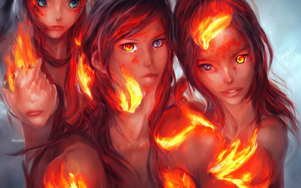 Image similar to A realistic anime portrait of a beautiful fire spirit twins with glowing red eyes and firey skin wearing clothes made of flames, digital painting, by Stanley Artgerm Lau, Sakimichan, WLOP and Rossdraws, digtial painting, trending on ArtStation, SFW version