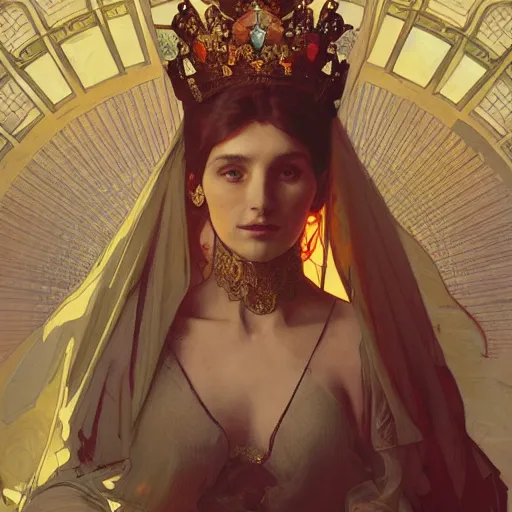 Image similar to a Portrait of A queen whose body radiates holy light by greg rutkowski and alphonse mucha,In style of digital art illustration.WLOP.hyper detailed,smooth, sharp focus,trending on artstation,4k