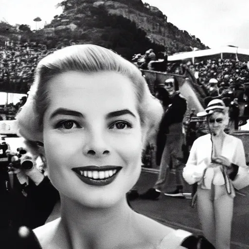 Image similar to selfie smartphone photo of a young Grace Kelly at the Monaco Gran Prix, F1 cars blurred in background, iphone photo, smartphone resolution, trending on instagram, influencer photography