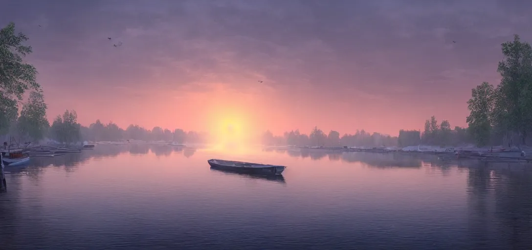 Prompt: concept art of a peaceful fishing village on a river in finland, dawn, atmospheric, hazy