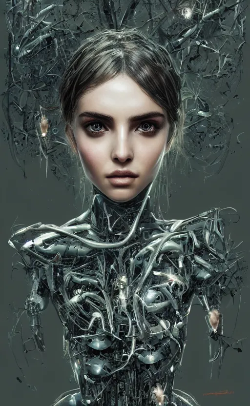 Image similar to a cyborg forest nymph, ana de armas, flawless symmetrical pretty cute face, greg rutkowski, 8 k, shallow depth of field, intricate detail, concept art,